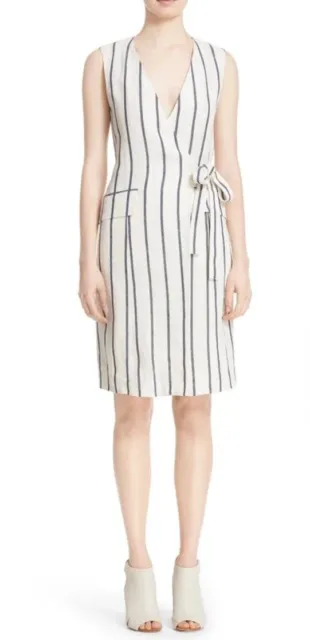 NWT Theory Livwilth Stripe Linen Wrap Dress, White and Blue, Sz 10