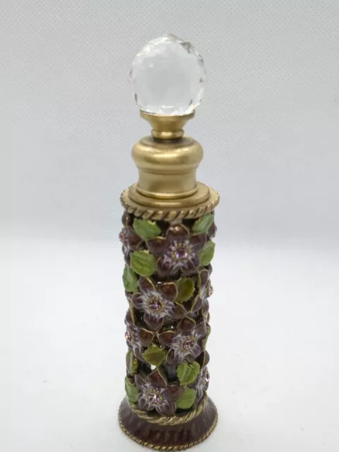 Austrian Crystal TWO’S COMPANY ENAMEL BRASS PERFUME BOTTLE Flowers Purple/Pink