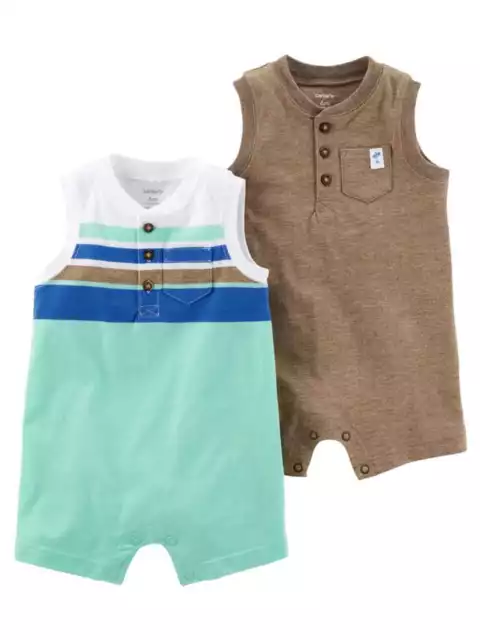 Carters Infant Boys 2 Piece Baby Romper Set Mint Stripe & Brown Bodysuit Outfits