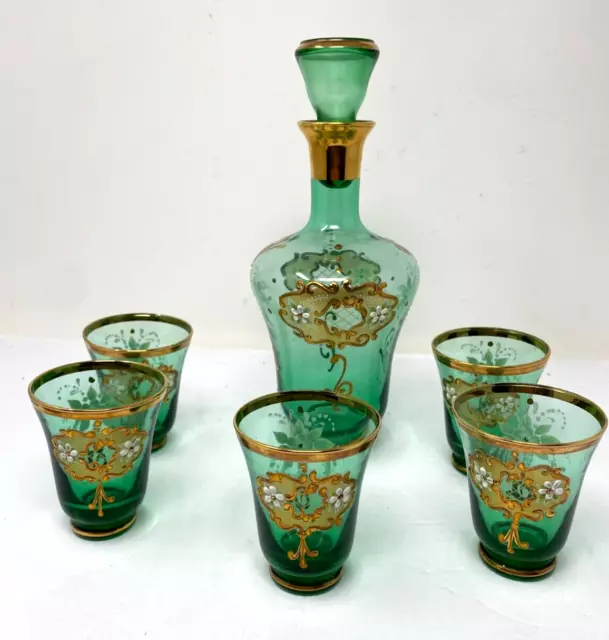 Vintage Handpainted Emerald Green Bohemian Glass Decanter Set Glasses