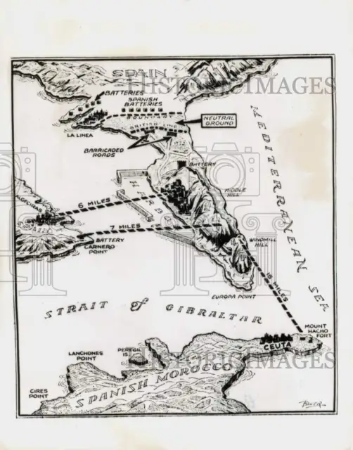 1939 Press Photo Map showing famed rock Gibraltar in Spain - kfa34476