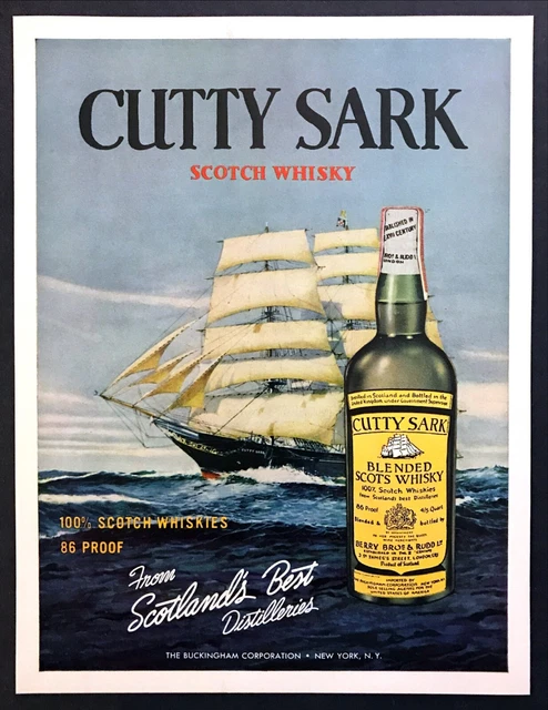 1960 Clipper Ship Cutty Sark Scotch Whisky Bottle art vintage print ad