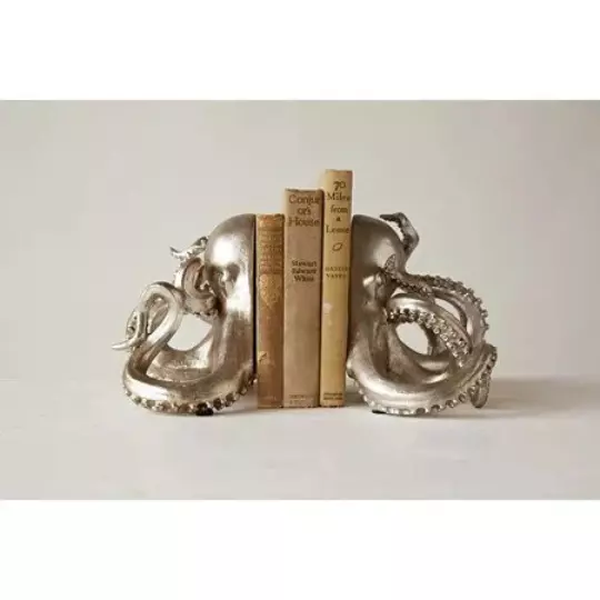 Set of 2 Unique Funky Silver Resin Octopus Bookends Home Decor