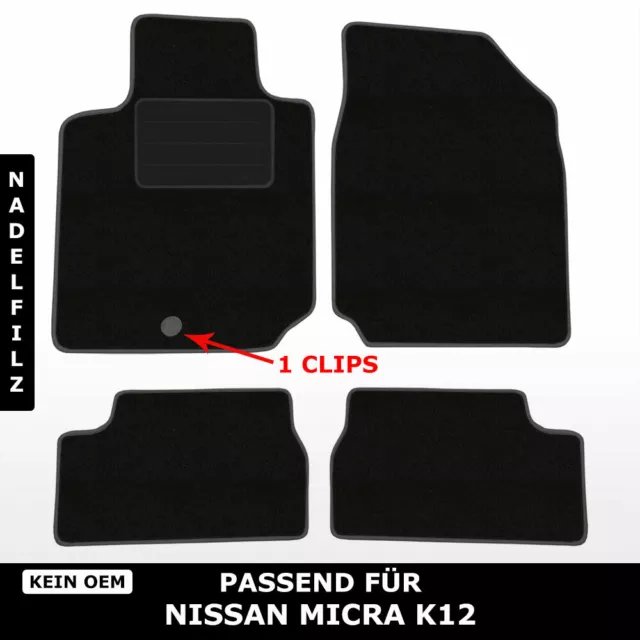 Für Nissan Micra 3 K12 2002-2010 - Fußmatten Nadelfilz 4tlg Schwarz, 1 clips