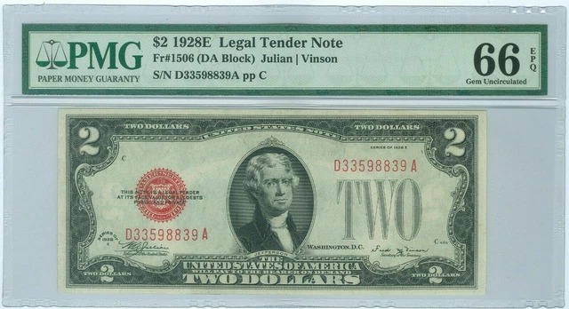 Fr#1506 1928E $2 Legal Tender Note Red Seal S/N D33598839A PMG 66 EPQ