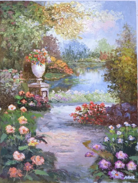 paysage jardin tableau peinture huile sur toile signée / Hand Painted Oil Painti