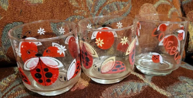 3 Vtg 1960s Libbey Ladybug Footed Juice Cocktail Glasses MCM