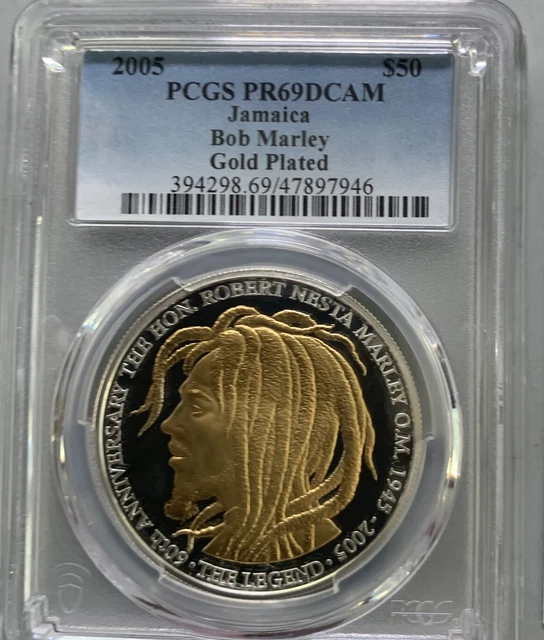 Jamaica 1987 $25 & 2005 $50 / 60th Anniv Bob Marley Gold Plated / PCGS PR69DCAM!