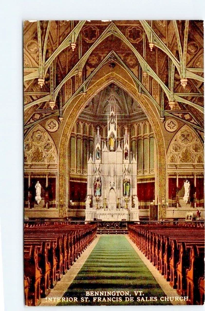 Postcard VT, Bennington St Francis de Sales Catholic Church Interior, 1900s