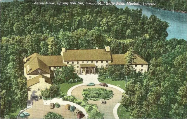 Postcard Indiana Mitchell Spring Mill Inn Park Aerial View Lawrence Cnty 1940s