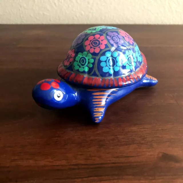 Folk Art Mexican Pottery Turtle Trinket Dish Figurine with Flowers