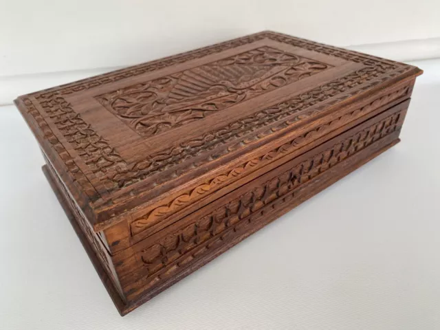 Large Late 20th Century  Hand Carved Indian Teakwood Jewellery / Storage Box