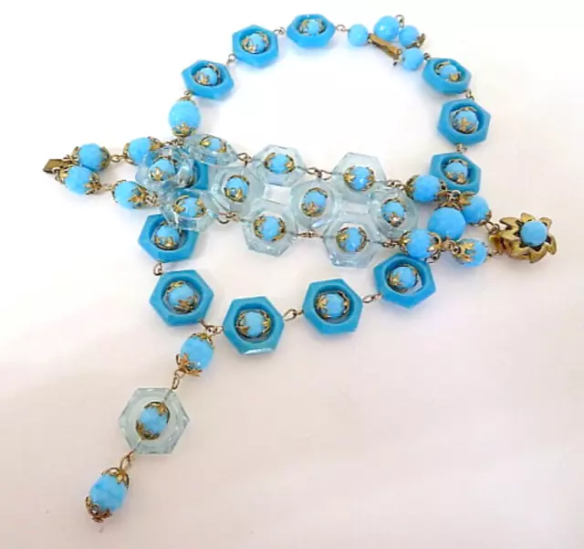 Gorgeous Vintage Signed Alice Caviness Blue Glass & Lucite Bracelet & Necklace