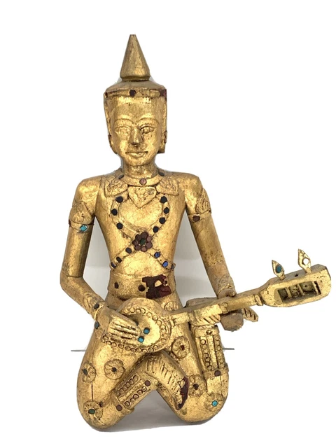 VTG Thai Siam Figure Asian Musician Wood Carved Giltwood Gold Gilt Wall Hanging