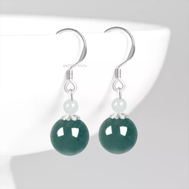 Real 925 Sterling Silver Natural A Grade Jadeite Blue Water Round Ball Earrings