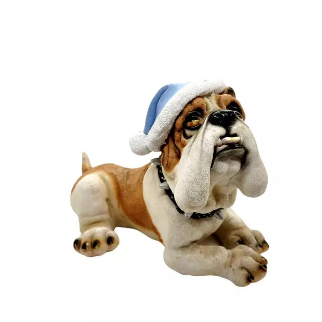 English Bulldog Resin Figurine Sculpture Dog w/ Blue Santa Hat Puppy Christmas
