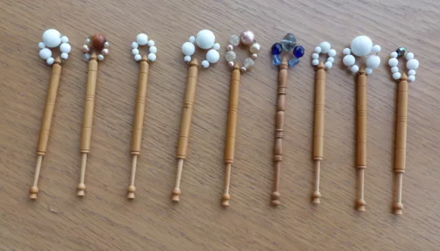 9 Wooden LACE Bobbins with Spangles