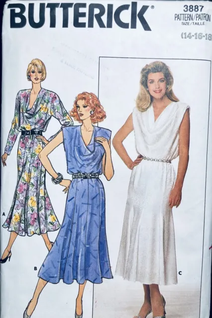 Sewing Pattern Butterick #3887 ©1986; Misses' Dress Size 14-16-18 - UNCUT