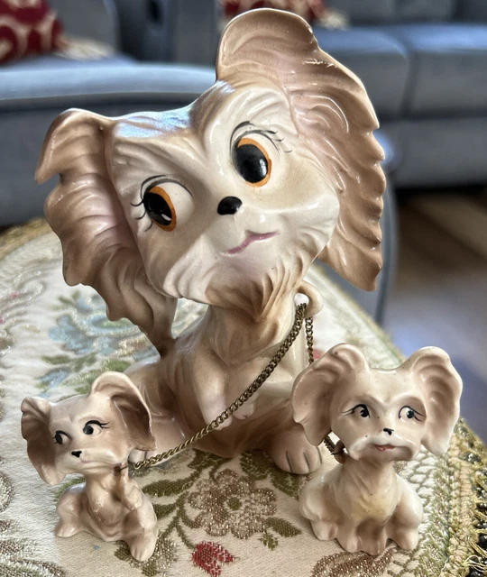 Vintage Momma Dog with 2 Puppies Made in Japan Figurine 5 1/2” On Chains