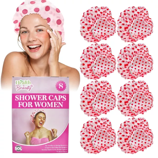 8pk Shower Caps For Women Adults Hair | Bath Hat Disposable Reusable Waterproof