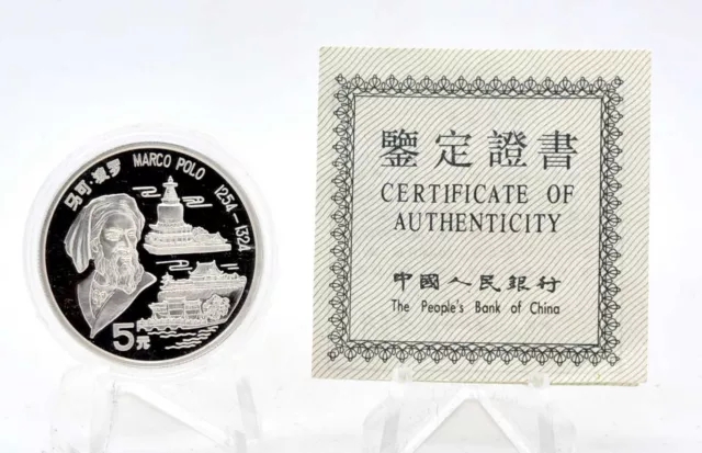 Silber China 5 Yuan 1992 Marco Polo mit CoA