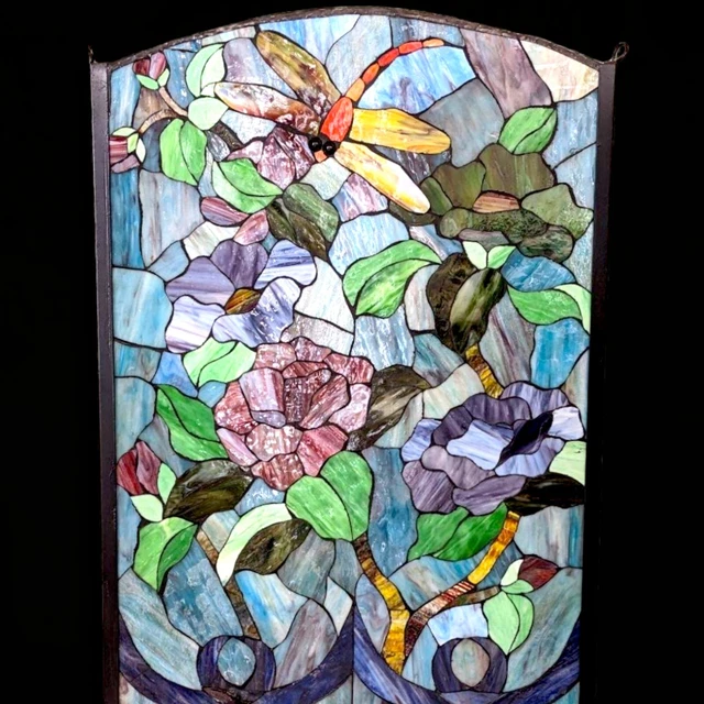 Meyda Tiffany Beveled Stained Glass Rare Dragonfly Window Panel Hanging Flowers