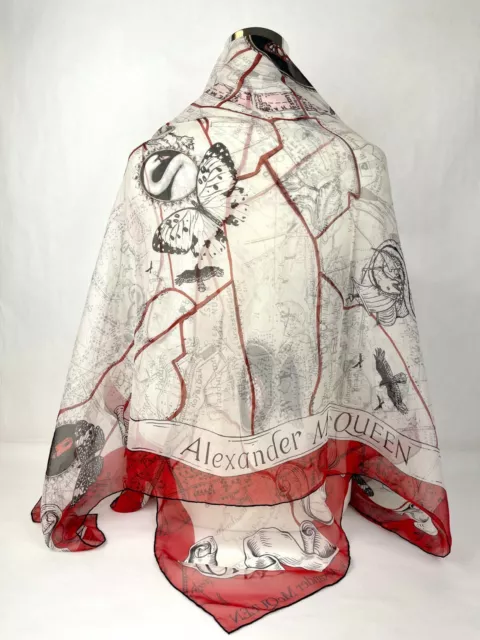 $420 Alexander McQueen Ivory Silk Red Skull Floral Map Scarf Shawl 605150 9274 3