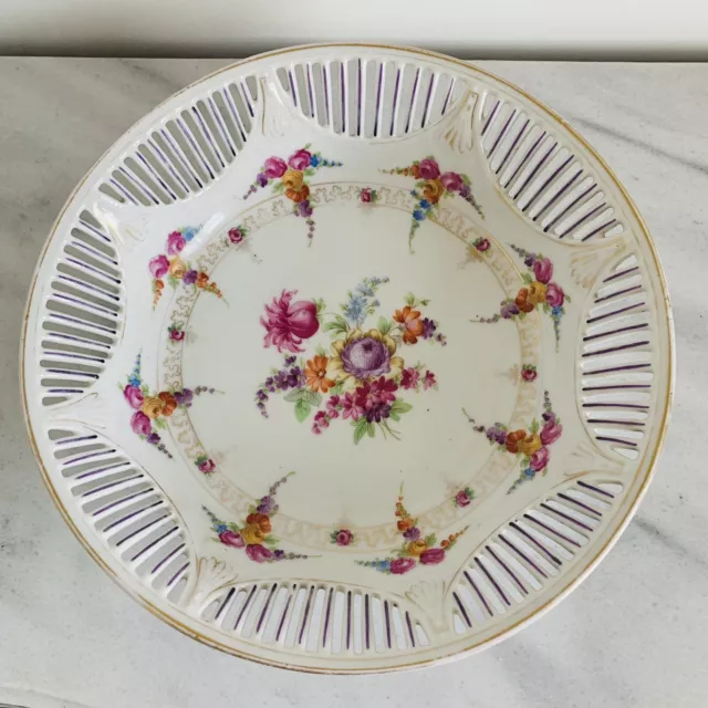 Schumann Bavaria LARGE RETICULATED BOWL Dresden Flowers ~ Vintage 1932-44