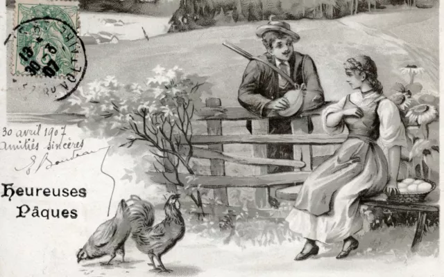 carte postale ancienne Heureuses Pâques : Jeune homme, jeune fille, panier oeufs