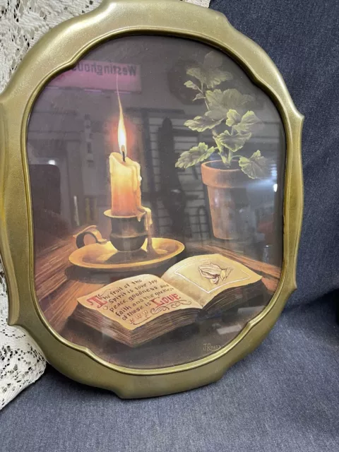 VTG Home Interiors Signed JRoss Framed Candle Bible Fruit of the Spirit is Love