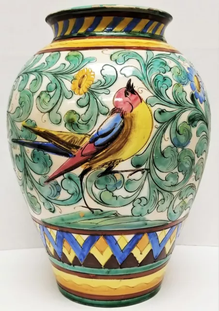 1950's Italian Majolica Urn Vase Incised Painted Bird Design 13.5" Perugia Italy