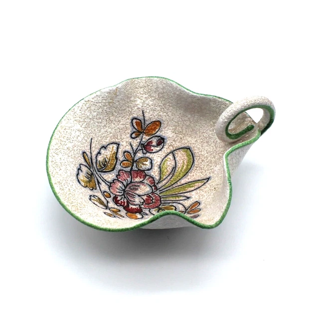 Vintage 1950s Italian NPS Hand Painted  Pottery Candy Dish With Handle Hand Made