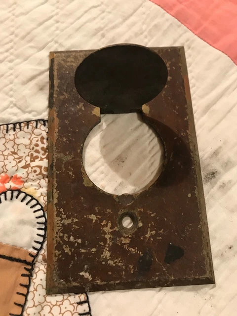 1 Early 1900's Solid Unpolished Brass Outlet Cover Plate w/Lid, Free S/H