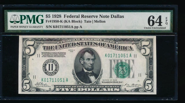 AC NUMERICAL 1928 $5 Dallas FRN PMG 64 EPQ gold clause Fr 1950-K