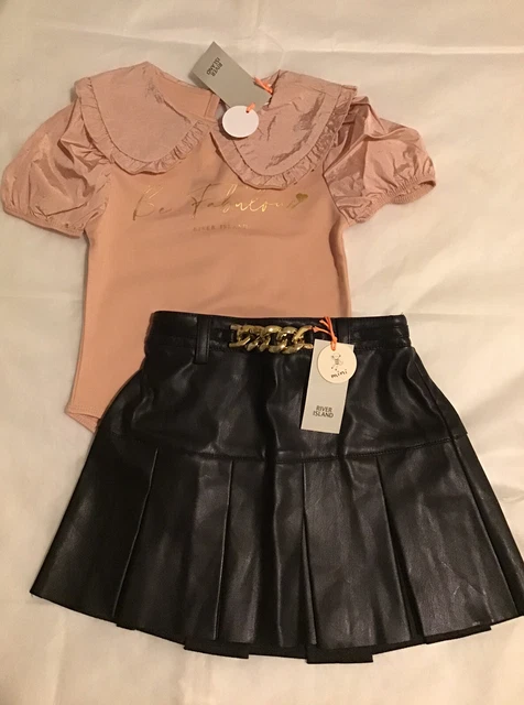 Gonna mini ragazza River Island età 18-24 mesi a pieghe finta pelle abito nuova con etichette