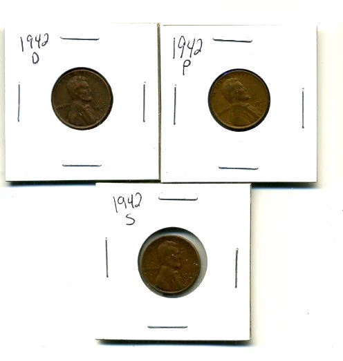 1942 P,D,S Wheat Pennies Lincoln Cents Circulated 2X2 Flips 3 Coin Pds Set#3193