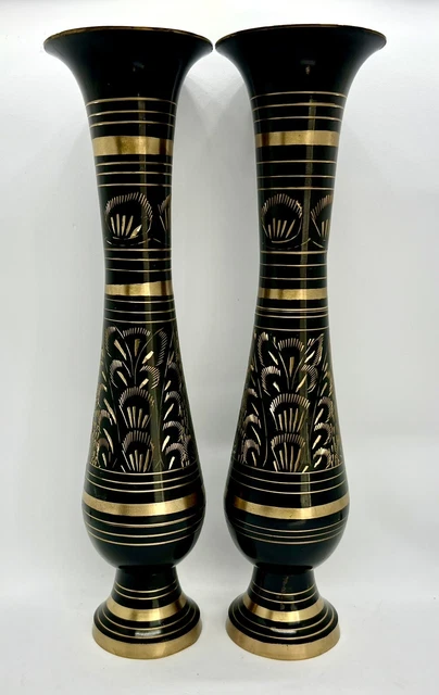 Vintage Pair Of Black Etched Brass Enamel Vases