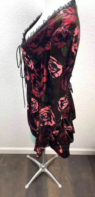 Betsey Johnson Vintage Y2K Stretch Velvet Black Floral Print Dress Size Large