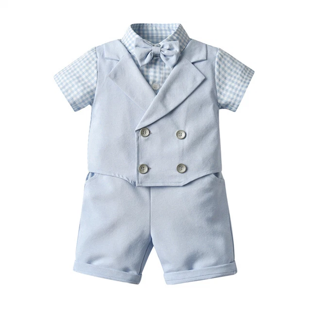 Abito da gentiluomo bambini ragazzo formale falso-due camicia top pantaloni bambino compleanno