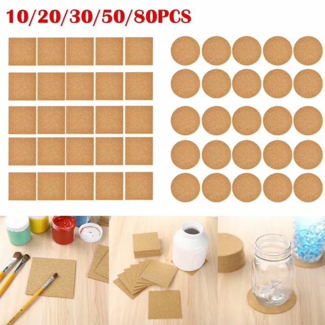 10-80Pcs 4x4inch Self-Adhesive Cork Squares Round Backing Sheets Tiles Coasters