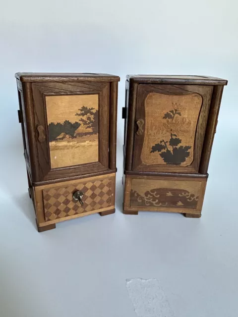 (2) Cigarette Holder Box Wood Cabinet Japanese Overlay Art Antique 6x3.5”