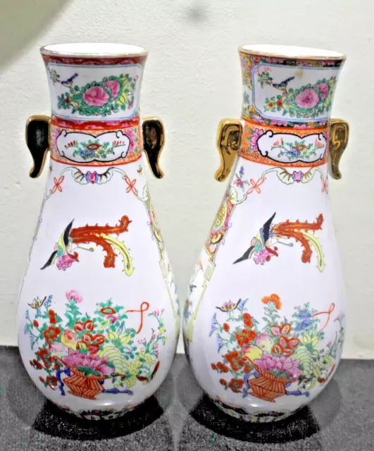 Pair of Vintage Hand Painted Chinese  Vases Geisha Floral 31 Cm Tall 3