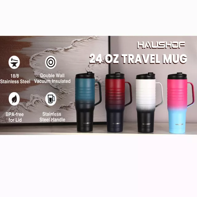 HAUSHOF 24oz Travel Mug with Handle Mullticolor Stainless Steel Vacuum Insulated