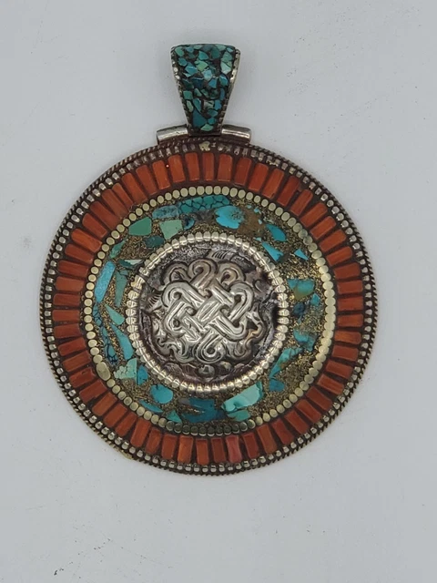 Vintage & Rare Find Turquoise,Coral Inlaid Tibetan Nepal Pendant