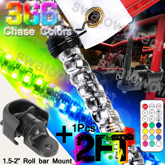3ft RGB Spiral LED Whip Light Chase W/ Flag Remote + 1.5-2" Roll Bar Mounts UTV