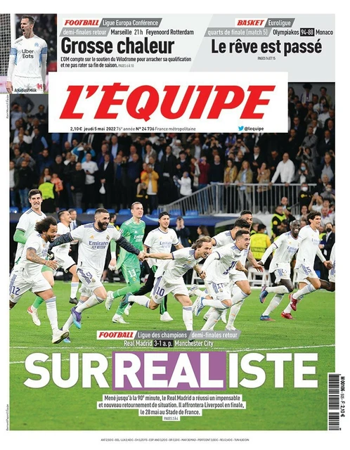 L'Equipe -SURRÉALISTE (05/05/2022)- REAL MADRID vs MAN CITY 3-1 a.p. RODRYGO KB9