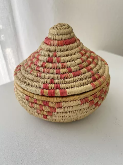 Boho Coiled Basket with Lid Hand Woven Natural Fiber Aztec