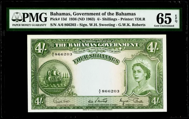 4/- Shillings 1936 (ND 1963) Bahamas, Government of the Bahamas PMG 65 EPQ Gem U