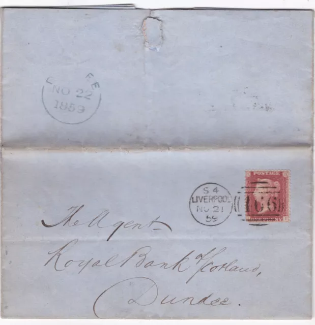 1859 QV FINE 1d PENNY RED STAMP ON LIVERPOOL BANK OF ENGLAND LETTER TO DUNDEE