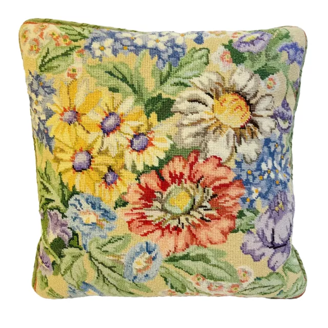 Vintage Wool Needlepoint Pillow 14x14” Floral Bouquet Zipper Insert Handmade